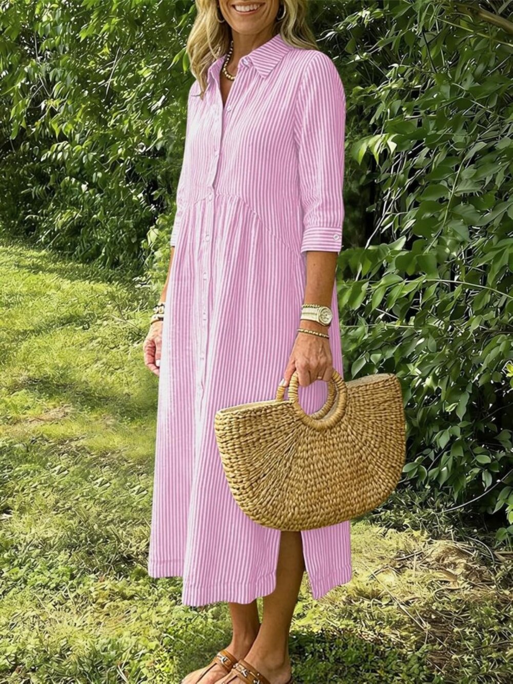 Boho Striped Button-Up Shirt Dress with 3/4 Sleeves, Side Slit & Pockets - Picture 3 of 5